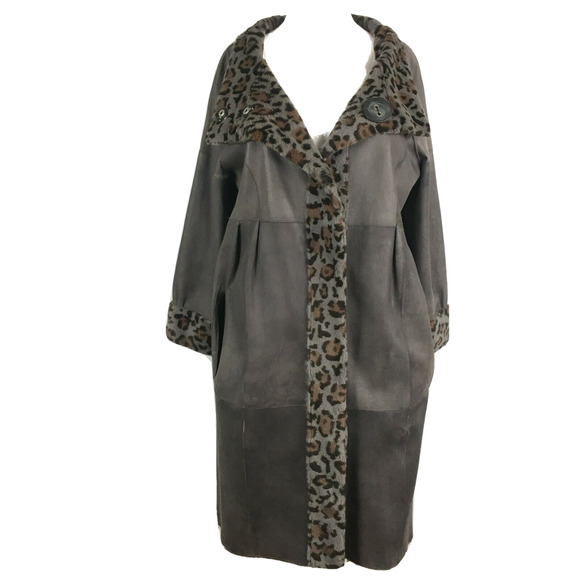 Grandi‎ Coat Womens Sz M Italy Gray Leather Leopard Faux Fur Reversible Trench - Picture 1 of 11